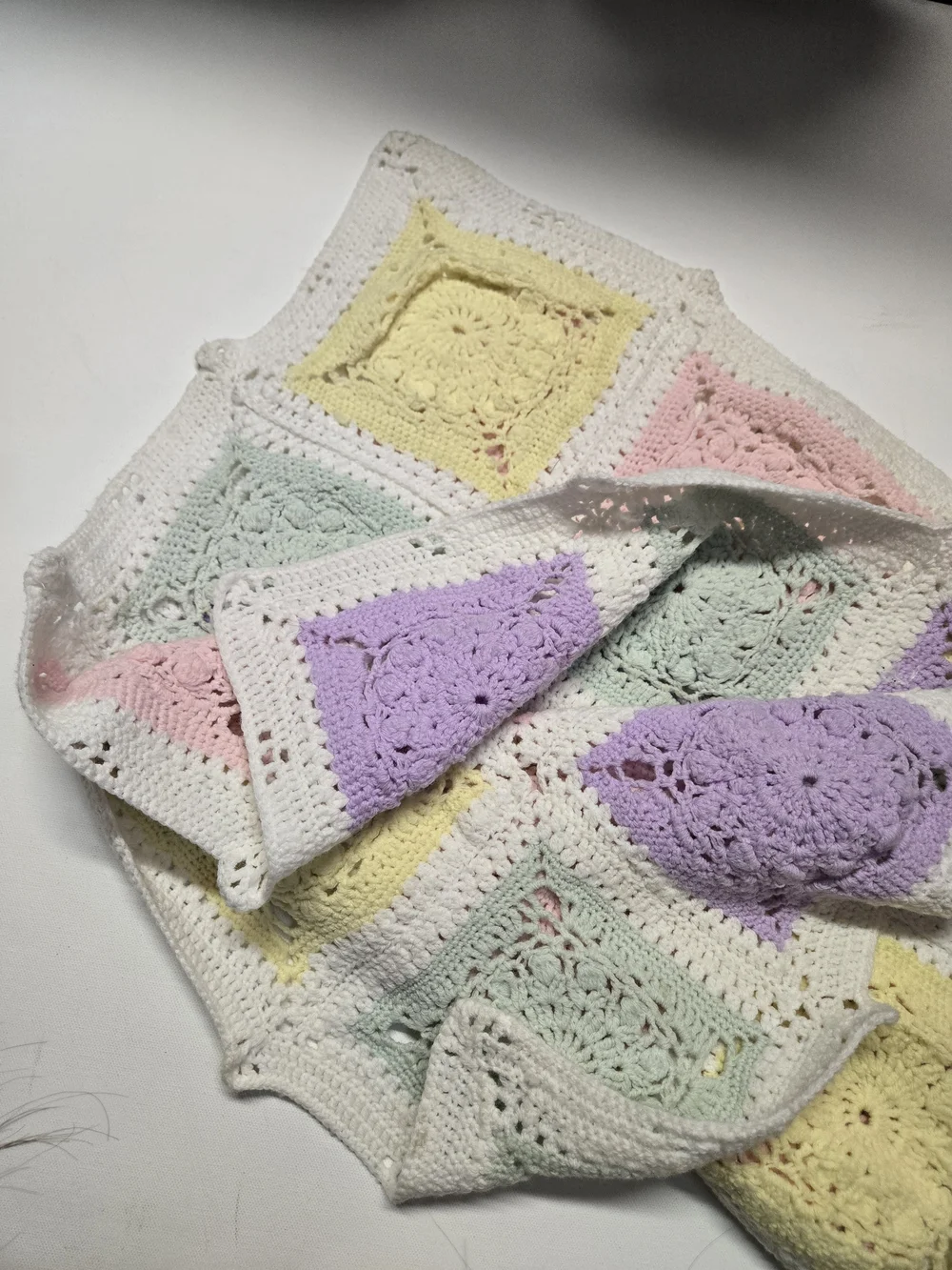 Handmade Crochet Mini Blanket in Pastel Lavender, Pink, Yellow & Mint Green